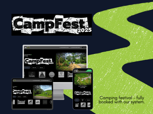 CampFest booking site shown across desktop, tablet, and mobile devices